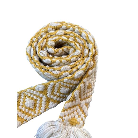 Womens Boho Woven Belt D-Ring Fringed 1.5 Inch Width Gold Off White - Picture 6 of 7